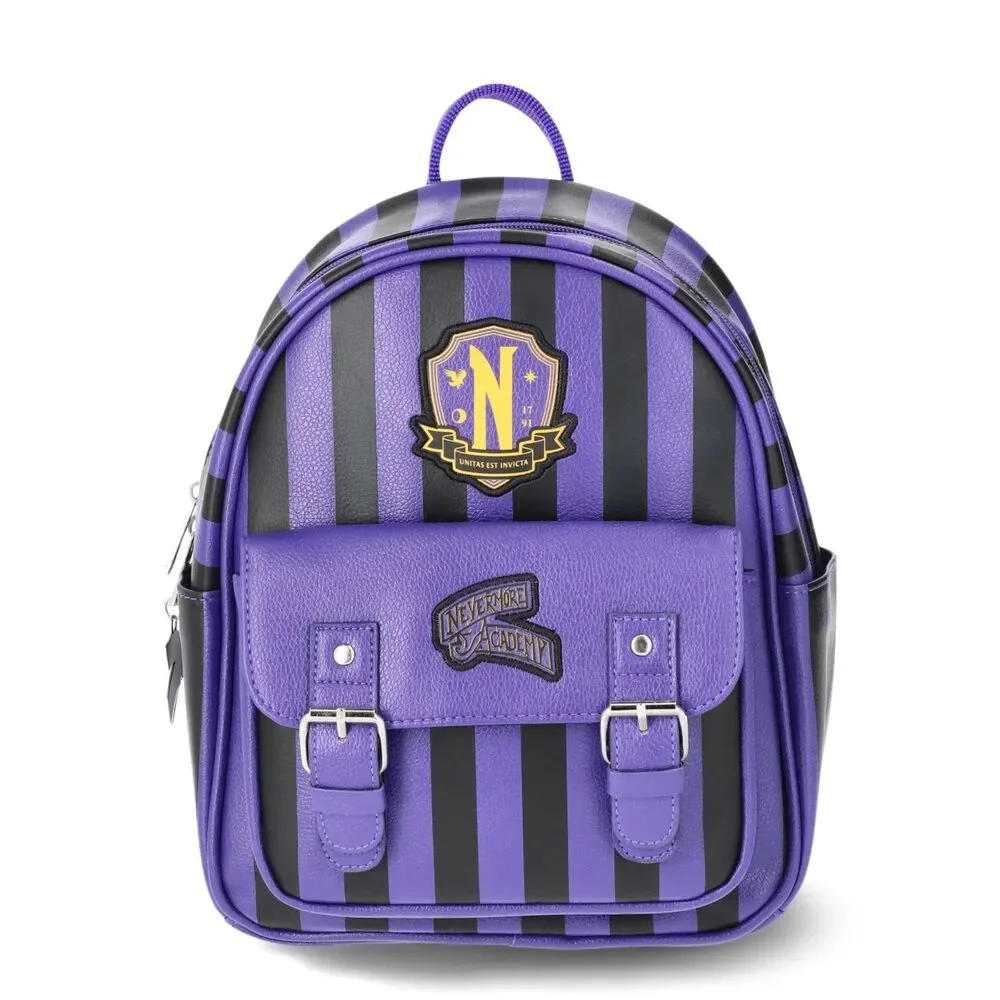 Wednesday Addams Nevermore Academy Women's Striped Mini Backpack, Purple/Black - Picture 2 of 5